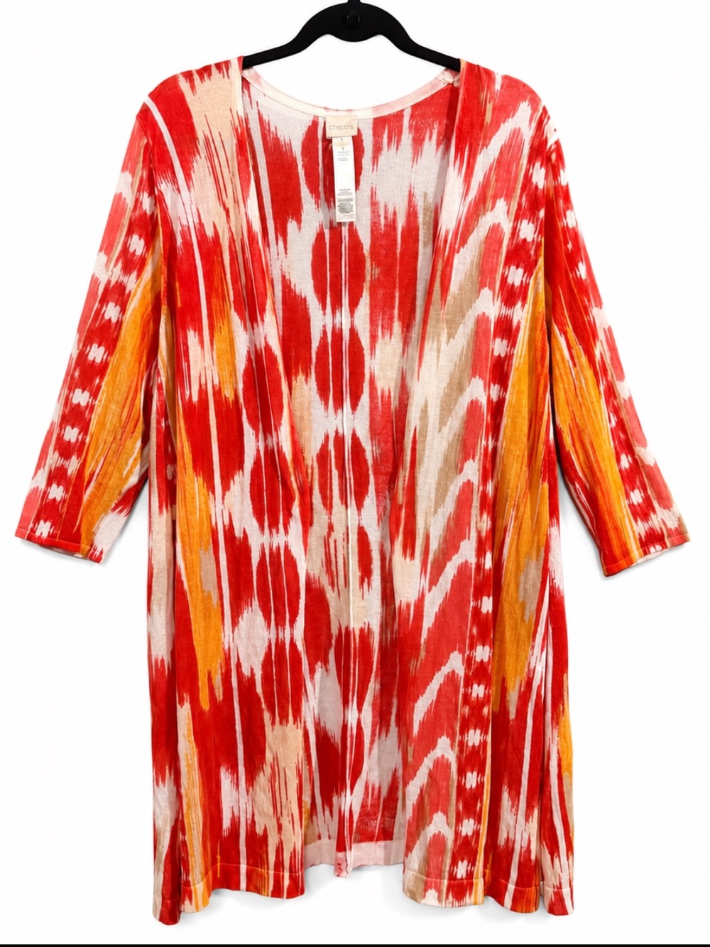Chico's Size 3/XL Open Front Cardigan
Kimono Red Orange Ikat Print 3/4 Sleeves